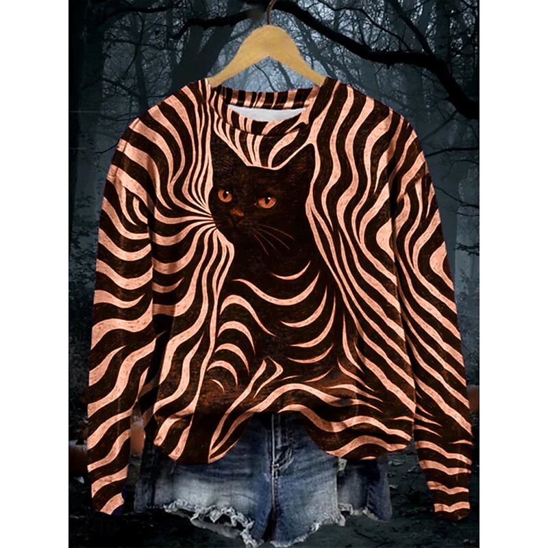 Halloween Women's Pullover Sweatshirt Black Cat Graphic Skull Cat Fashion Casual Long Sleeve Crew Neck Regular Tops Street Dailywear Casual Print Black Purple Orange Light Grey Fall Winter3