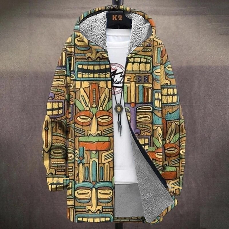 Men Graphic Winter Coat Fleece Jacket Coat Thermal Warm Comfortable Casual Casual Daily Wear Zipper Pocket 3D Print Fall Winter Hooded Long Sleeve Black Red Brown3