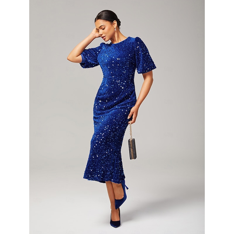 Women's Velvet Dress Sequin Dress Prom Dress Cocktail Dress Elegant Glitters Puff Balloon Sleeve Anniversary Party Party Evening Wear Sequin Short Sleeve Navy Blue Purple Green Spring & Fall2