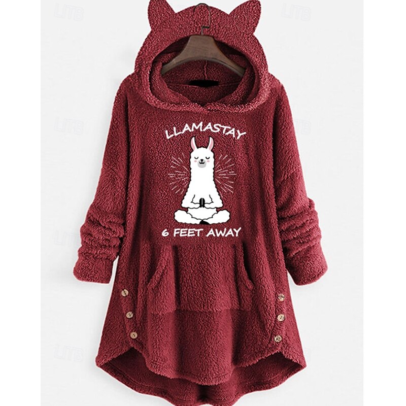 Women's Pullover Hoodie Sweatshirt Cat Streetwear Casual Long Sleeve Hooded Regular Tops Street Holiday Going out Pocket Print Pink Wine Gray Fall2