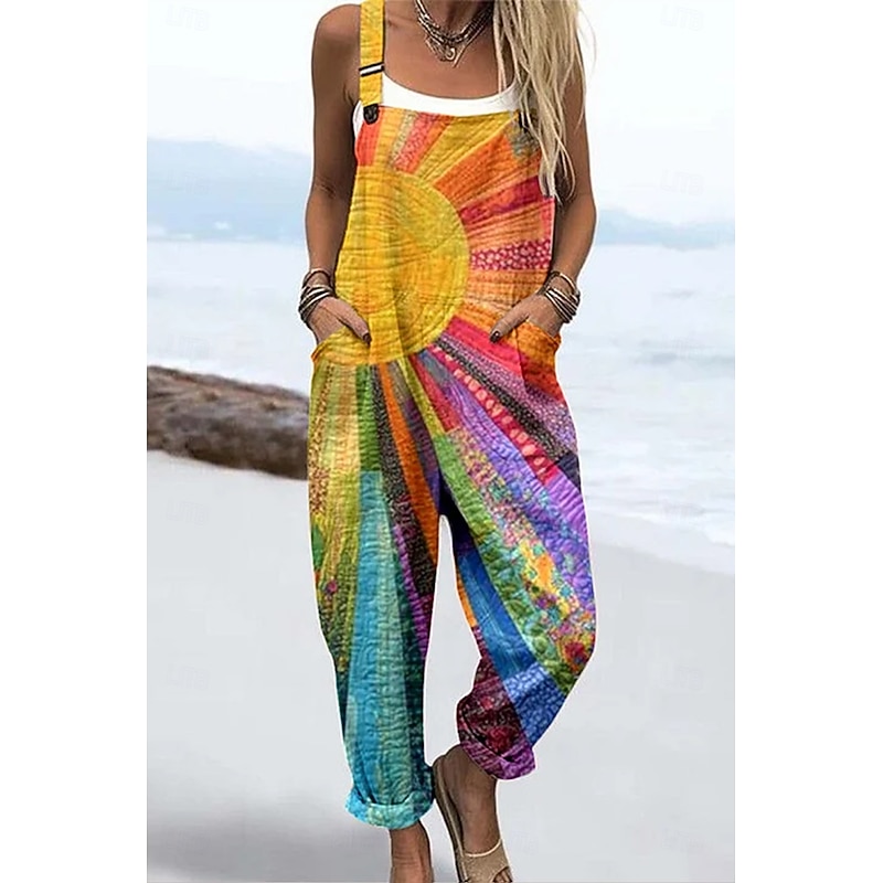 Women's Dungarees Active Floral Sleeveless Sleeveless Harem Square Neck Pocket with Pocket Vacation Daily Loose Fit Yellow Pink Blue Summer - Main Image