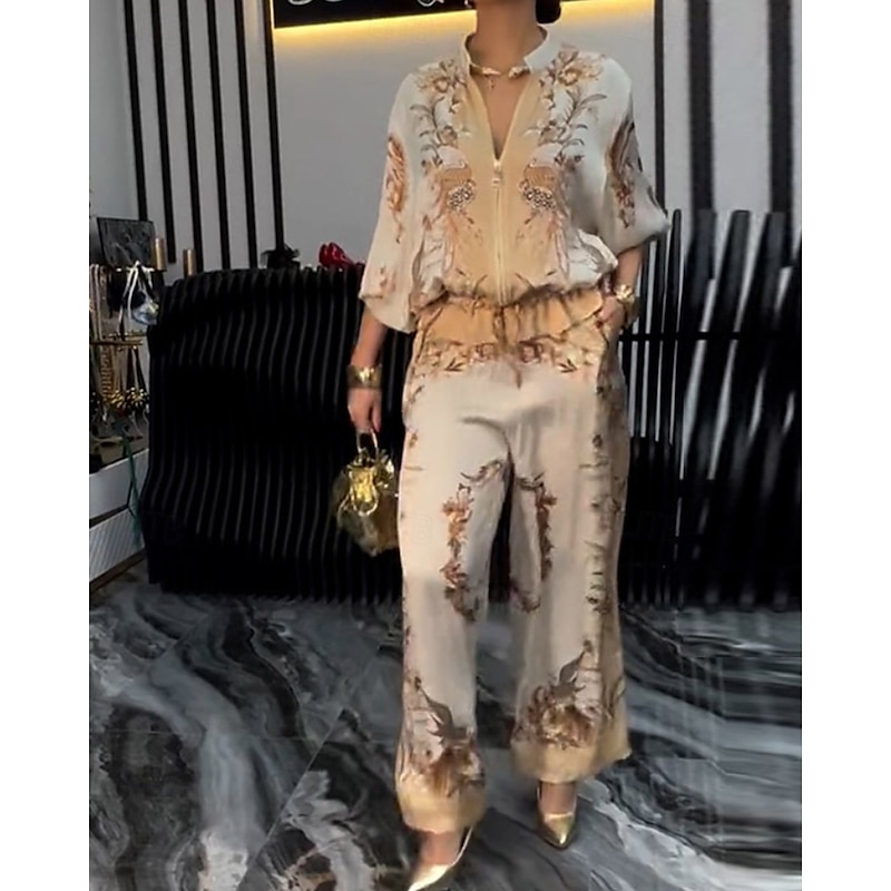 Women's Active Fashion Blouse Pants Sets Long Sleeve Stand Collar Floral Drawstring Print Outdoor Going out Blue Orange Green Fall Regular Fit3