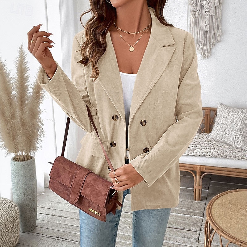Women's Blazer Comfortable Buttons Elegant Vintage OL Style Clean Fit Plain School Formal Work Casual Double Breasted Short Peaked Lapel Regular Fit Long Sleeve Outerwear Coffee brown Apricot Spring4