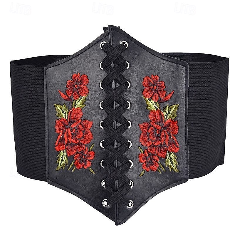 Women's Belt PU Black Wide Belt Daily Holiday Floral3