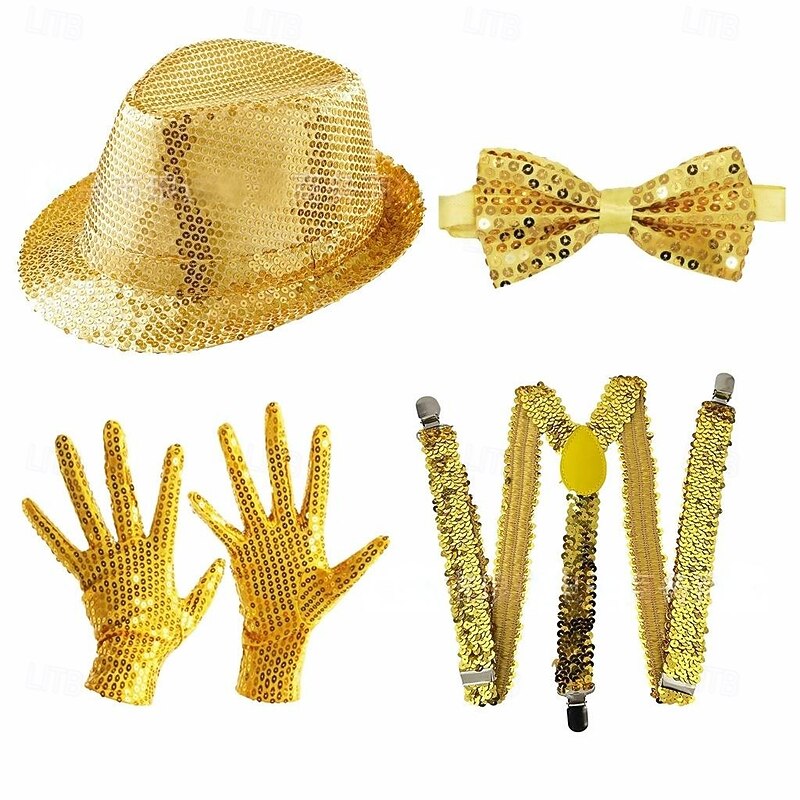 Retro Vintage Disco 1980s Panama Hat Accesories Set Gentleman Sequins Fancy Dress Men's Halloween Carnival Performance Party Adults Gloves Hat Tie All Seasons3