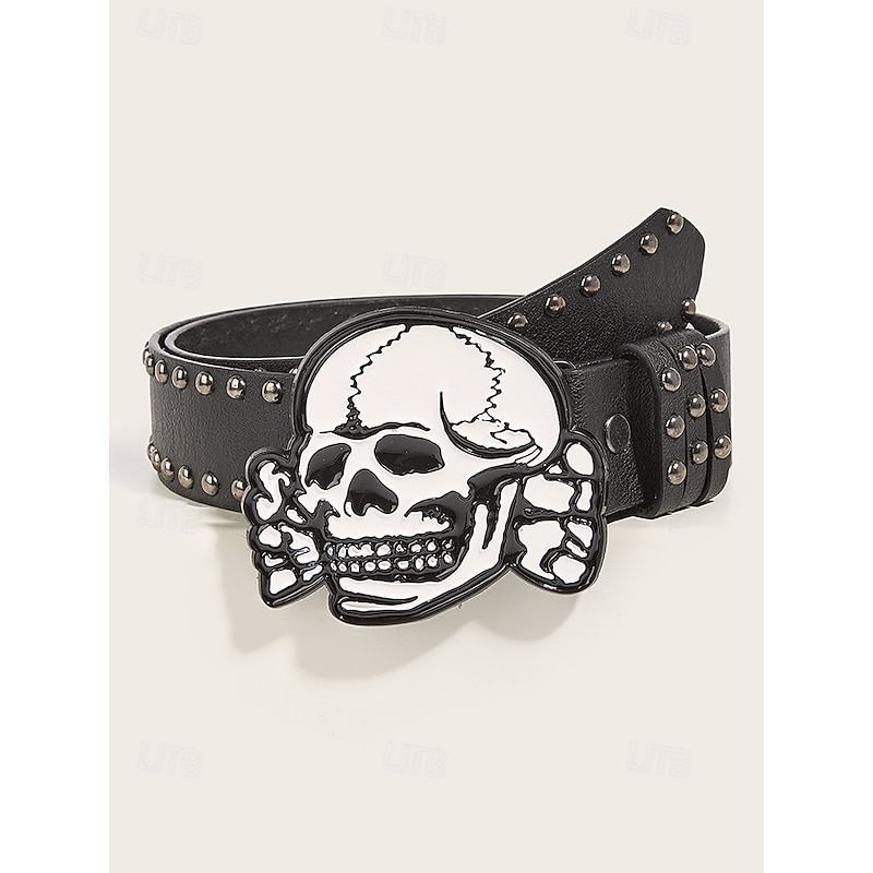 Women's Halloween Skull Belt – Punk Rock Faux Leather Waist Belt with Studded Design and Skeleton Buckle for Costume Party and Gothic Outfits
