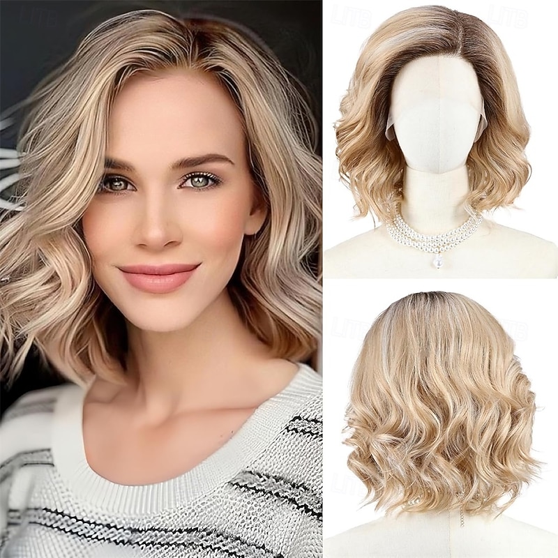 Side Part Wavy Wig Blonde with Brown Root Layered Bob Wig 14 Inch Shoulder Length Heat Resistant Synthetic Wig for White Women