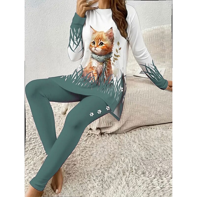 Women's Pajama Set Loungewear Round Neck Long Sleeve Casual Fashion Pants Sets Graphic Animal Cat Print Daily Daily Blue Purple Green Regular Fit4