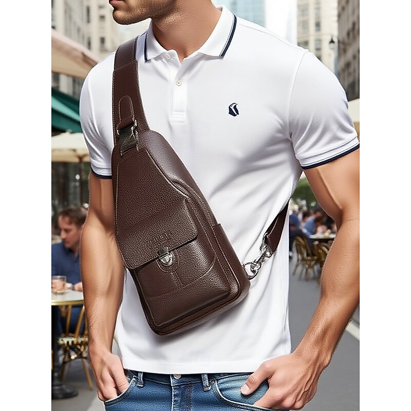Men's Brown Black Faux Leather Crossbody Sling Bag – Water-Repellent Scratch-Resistant Chest Shoulder Pack for Casual, Travel, and Outdoor Use2