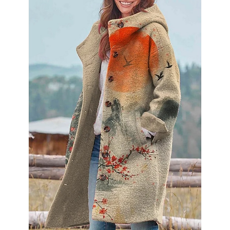 Women's Winter Jacket Fleece Jacket Coat Warm Breathable Pocket Buttons Print Active Daily Casual Scenery Vacation Street Daily Single Breasted Long Hoodie Regular Fit Long Sleeve Outerwear Yellow