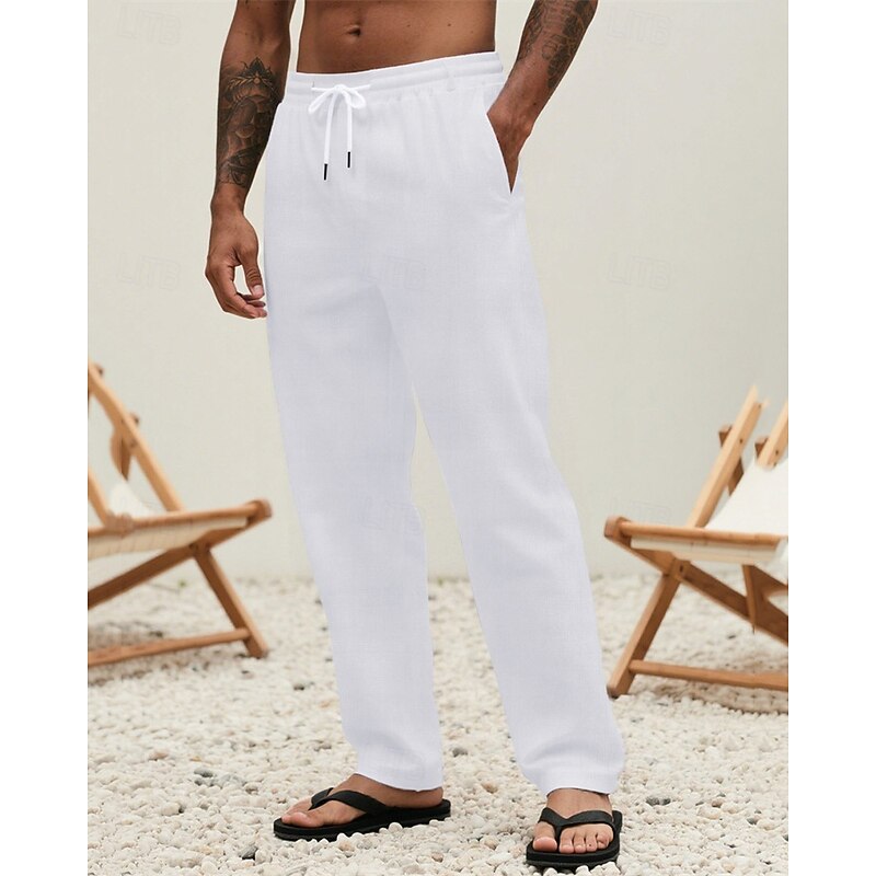 Men's Linen Pants Trousers Summer Pants Beach Pants Drawstring Pocket Elastic Waist Plain Comfort Breathable Vacation Daily Holiday Hawaiian Boho Dark Khaki Black2