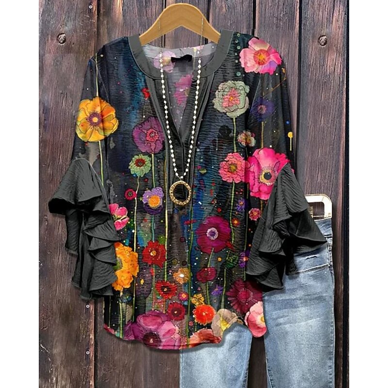 Women's T Shirt Floral Fashion Modern 3/4 Length Sleeve V Neck Regular Tops Daily Ruffle Print Black Summer
