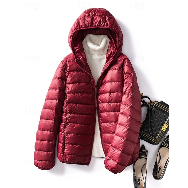 Women's Down Jacket Warm Comfortable Zipper Pocket Casual Plain Going out Weekend Zipper Regular Hooded Regular Fit Long Sleeve Outerwear Baby blue Wine Red Fall Winter