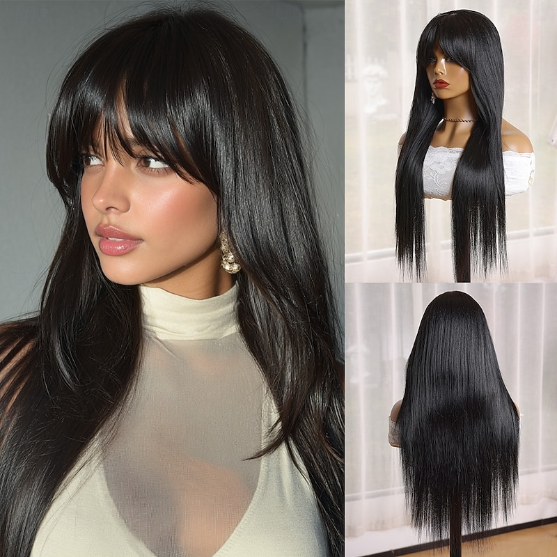 Synthetic Wig Yaki Straight Natural Straight Neat Bang Machine Made Wig 26 inch Black Synthetic Hair 26 inch Women's Soft Comfortable Black