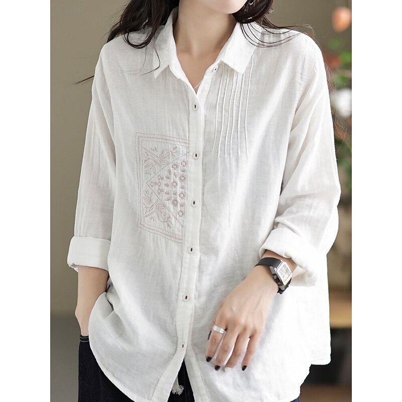 Women's Cotton Linen Shirts Solid Color Vintage Basic Casual Long Sleeve Shirt Collar Regular Tops Daily Embroidered Pocket Buttons White Yellow Green Summer Spring Fall2
