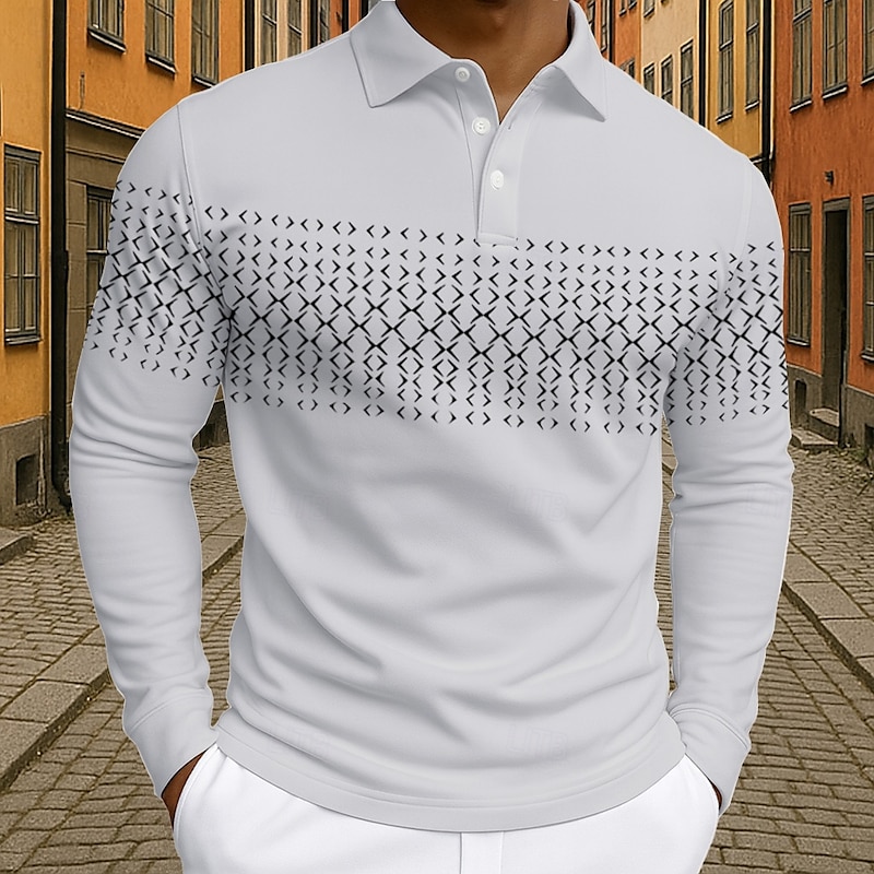 Men's Geometric Polo Long Sleeve Polo Shirts Lapel Business Casual Athleisure Daily Wear 3D Print Buttons Spring Fall Winter Black White Blue2