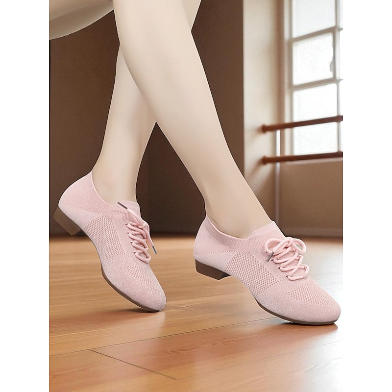 Women's Professional Dance Shoes - Coral Pink Flyknit Lace-Up Jazz and Practice Footwear with Low Heel, Lightweight and Breathable Design for Ballroom, Latin and Stage Performances4