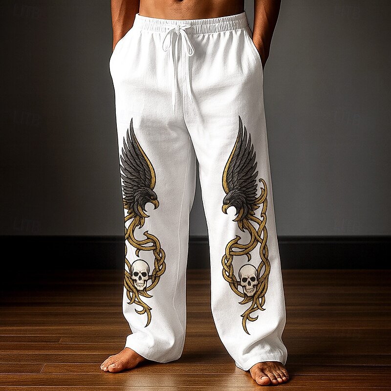 Men's Trousers Baggy Pants Casual Pants Elastic Drawstring Waist Linen-Like Pants with Pockets Skull Eagle Celtics Full Length Outdoor Holiday Retro Vintage White Dark Blue Inelastic2
