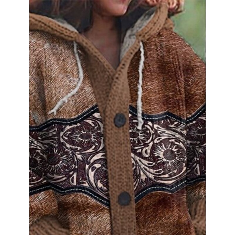 Women's Cardigan Vacation Vintage Daily Floral Ribbed Hooded Knitted Print Front Pocket Long Sleeve Regular Tops Knit Outdoor Daily Holiday Brown Fall Winter2