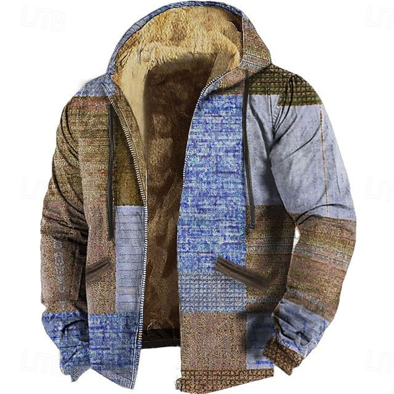 Men's Geometric Color Block Patchwork Fleece Hoodie Sweatshirt Vintage Retro Long Sleeve Crew Neck Outdoor Streetwear Navy Blue Blue Drawstring Fall Winter Designer2