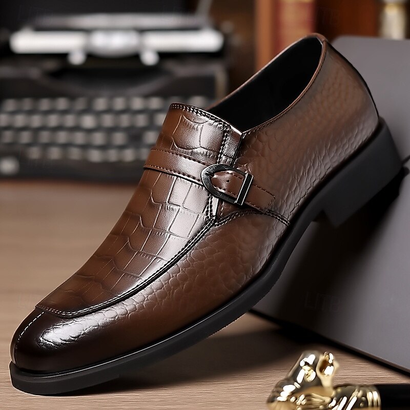 Men's Brown Crocodile Pattern Dress Shoes – Elegant Slip-On Loafers for Formal Events, Office Wear and Special Occasions