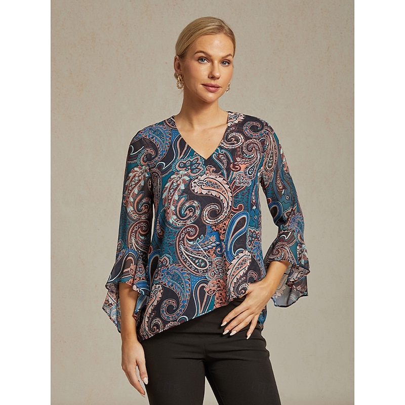 Women's Boho Shirt Blouse Paisley Vintage Stylish Casual Long Sleeve V Neck Regular Tops Wedding Guest Work Daily Ruffle Navy Blue Summer Spring Fall