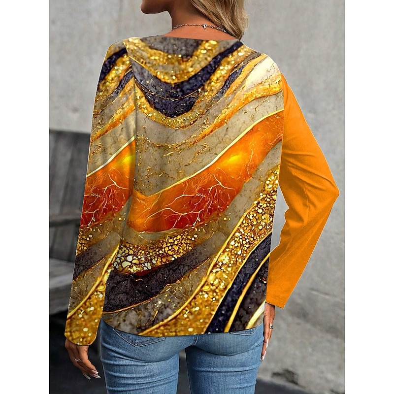 Women's T Shirt Graphic Geometric Stylish Casual Long Sleeve Crew Neck Regular Tops Daily Patchwork Print Yellow Red Blue Purple Green Summer Fall Winter2
