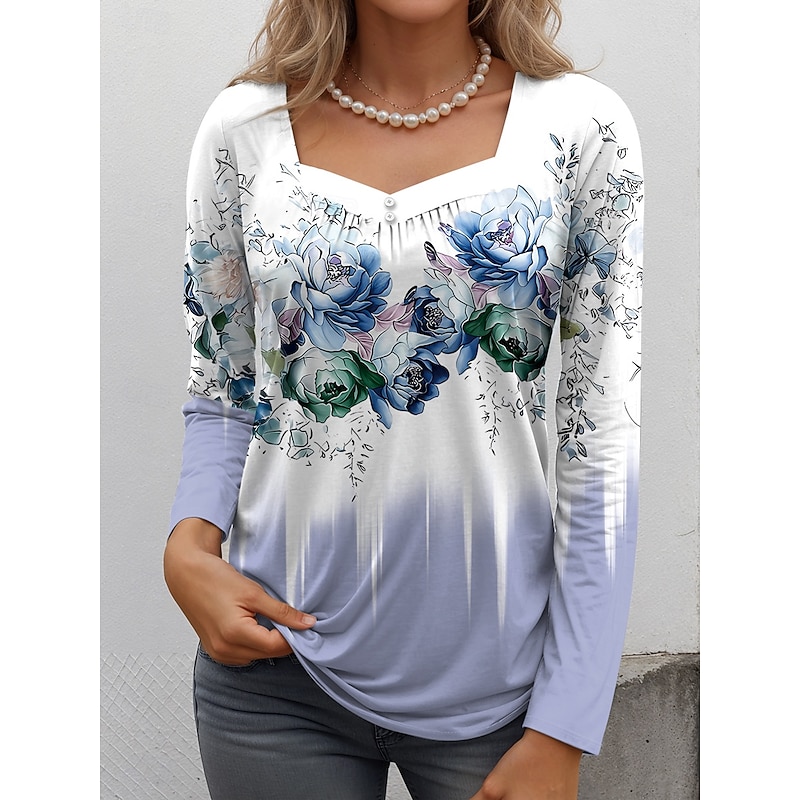 Women's T shirt Long Sleeve Floral Graphic Vintage Fashion Casual Long Sleeve Square Neck Regular Tops Daily Weekend Buttons Print Pink Blue Purple Green Spring Fall Prefall
