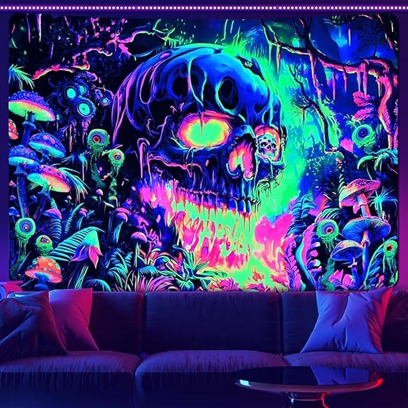 Neon Jungle Skull Blacklight Tapestry – Trippy Horror Wall Art for Psychedelic Room or Halloween Party Decor