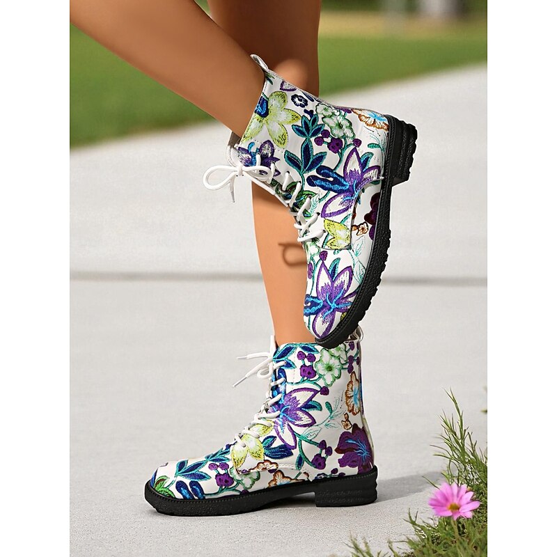 Women's White/Purple Floral Print Lace-Up Combat Boots – Casual Colorful Flower Pattern Ankle Boots for Daily Wear, Travel and Streetwear3