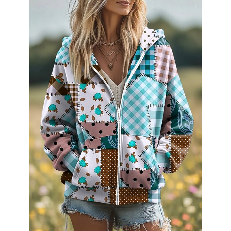Women's 3D Print Vintage Boho Hoodie Patchwork Hoodie Sweatshirt Floral Zip Up Casual Long Sleeve Hooded Street Dailywear Patchwork Zipper Pocket Yellow Pink Purple Dark Blue Light Blue Spring Fall2