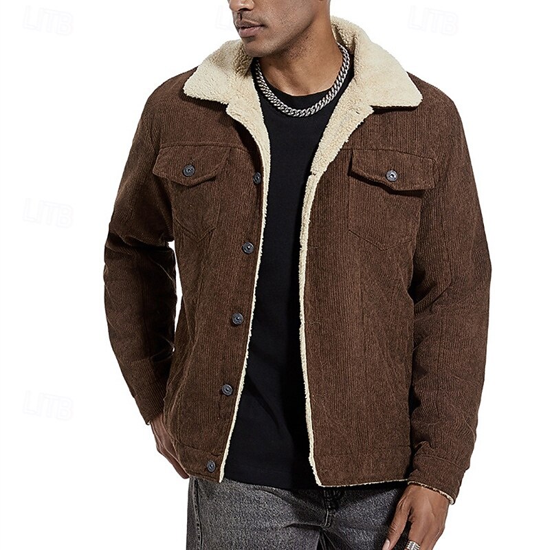 Men's Winter Jacket Corduroy Jacket Fleece Jacket Casual Jacket Vacation Daily Thermal Warm Pocket Fleece Fall Winter Plain Fashion Streetwear Lapel Regular Black Brown Green Coffee Jacket3