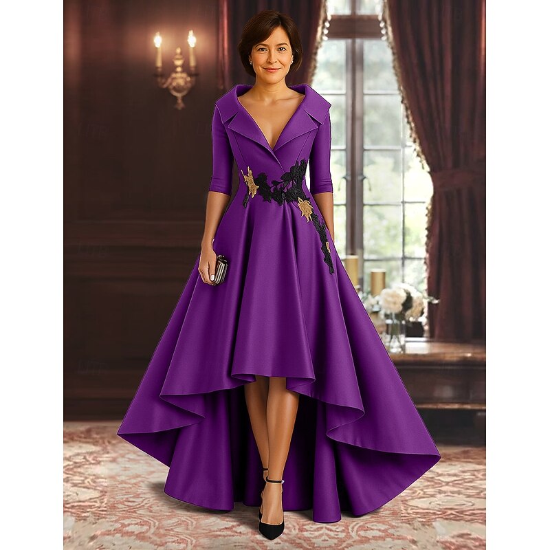 Red Black A-Line Mother of the Bride Dress Elegant High Split Shirt Collar Asymmetrical Satin 3/4 Length Sleeve with Appliques 20252