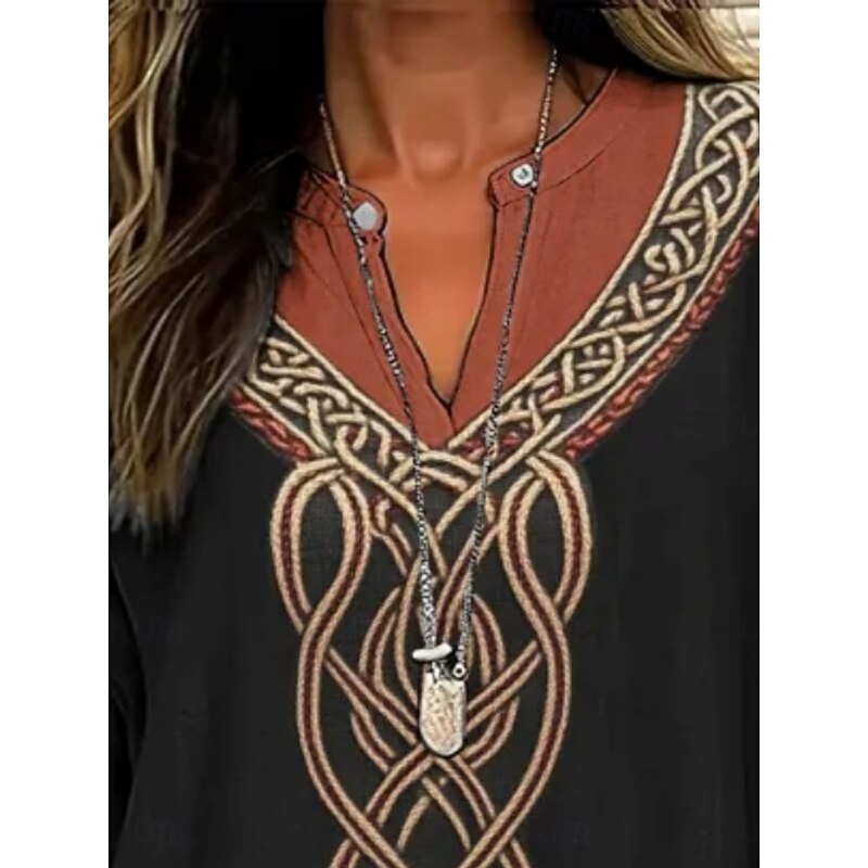 Women's Shirt Geometric Daily Retro Vintage Long Sleeve V Neck Regular Tops Daily Holiday Print Yellow Summer Spring Fall3