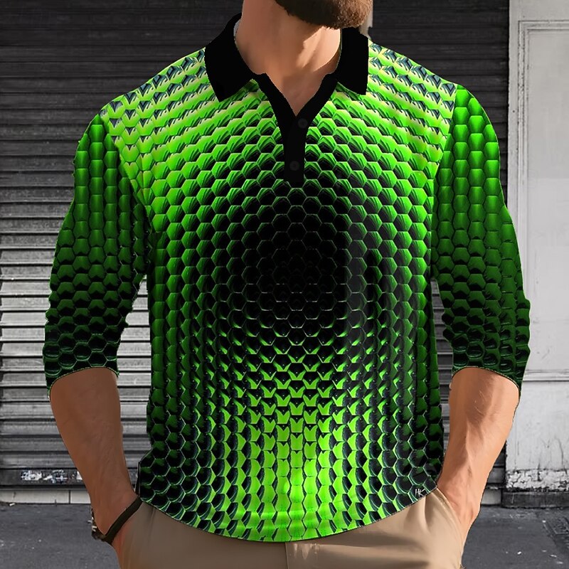 Men's Geometric Polo Long Sleeve Polo Shirts Lapel Casual Outdoor Street Athleisure Daily Wear 3D Print Buttons Spring Fall Winter Red Blue Purple4