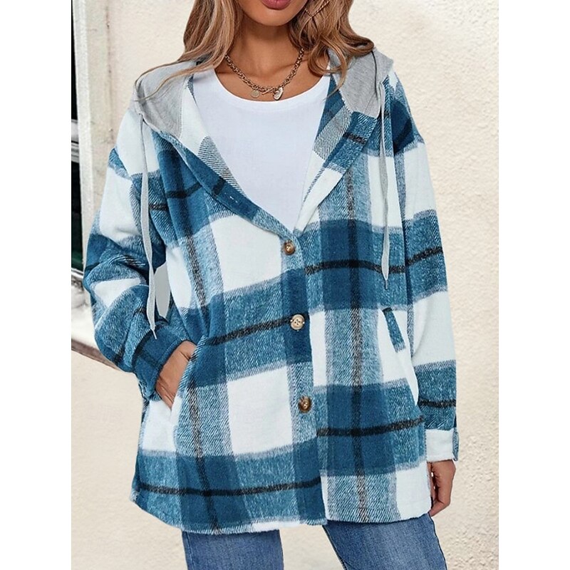 Women's Casual Jacket Hoodie Jacket Comfortable Breathable Buttons Print Casual Plaid Vacation Street Casual Daily Wear Single Breasted Regular Hooded Loose Fit Long Sleeve Outerwear Black Wine Navy3