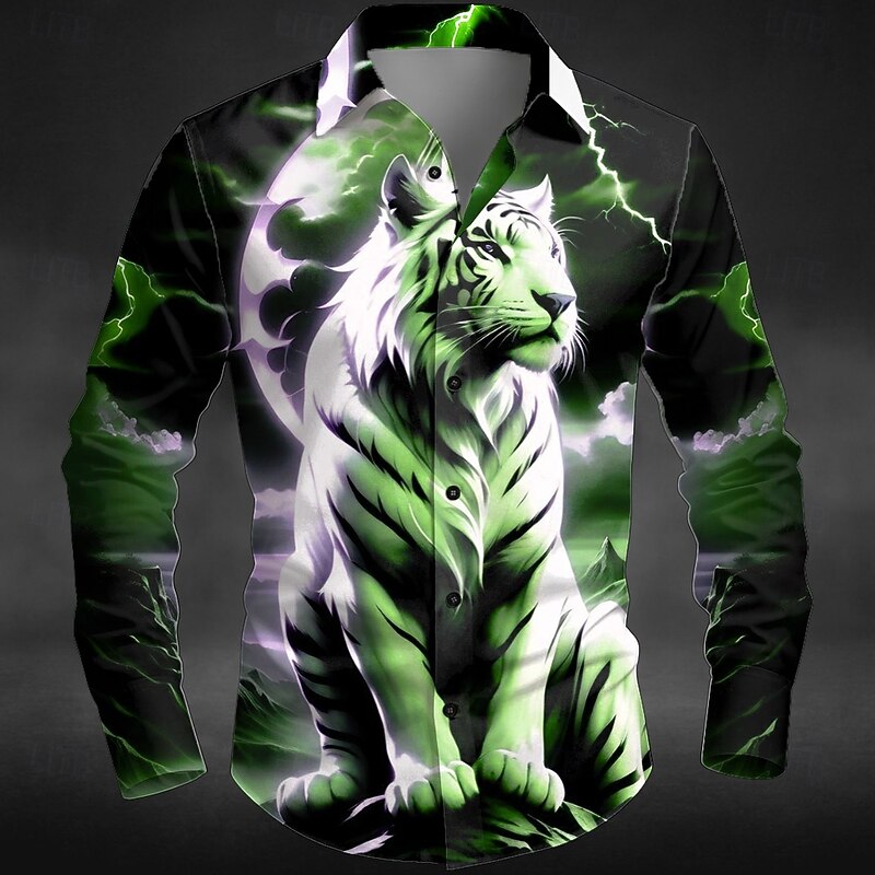 Halloween Men's Animal Tiger Lightning Shirt Button Up Shirt Long Sleeve Dark Outdoor Holiday Summer Spring Turndown 3D Print Collared Shirts Blue Purple Green3