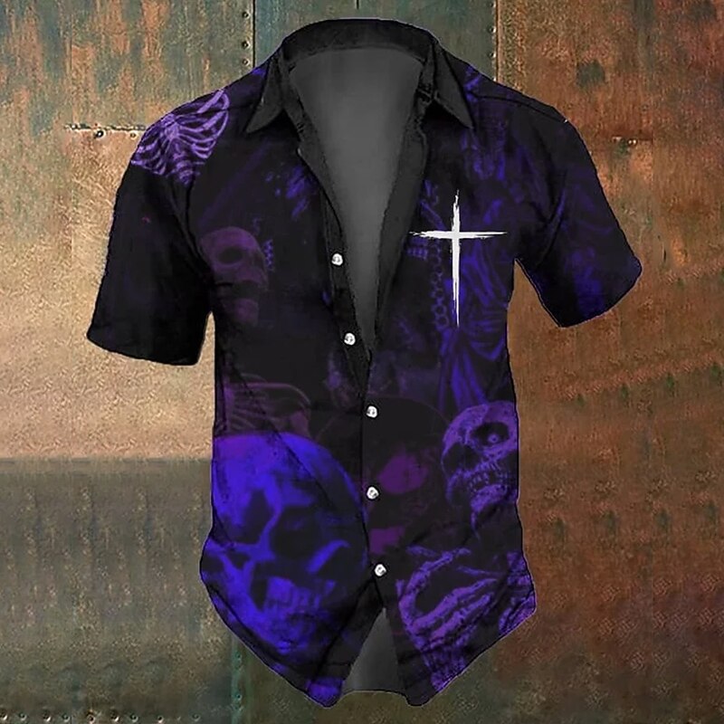 Halloween Men's Cross Halloween Costumes Skulls Shirt Button Up Shirt Short Sleeve Dark Gothic Style Holiday Summer Spring Turndown 3D Print Collared Shirts Black Purple2