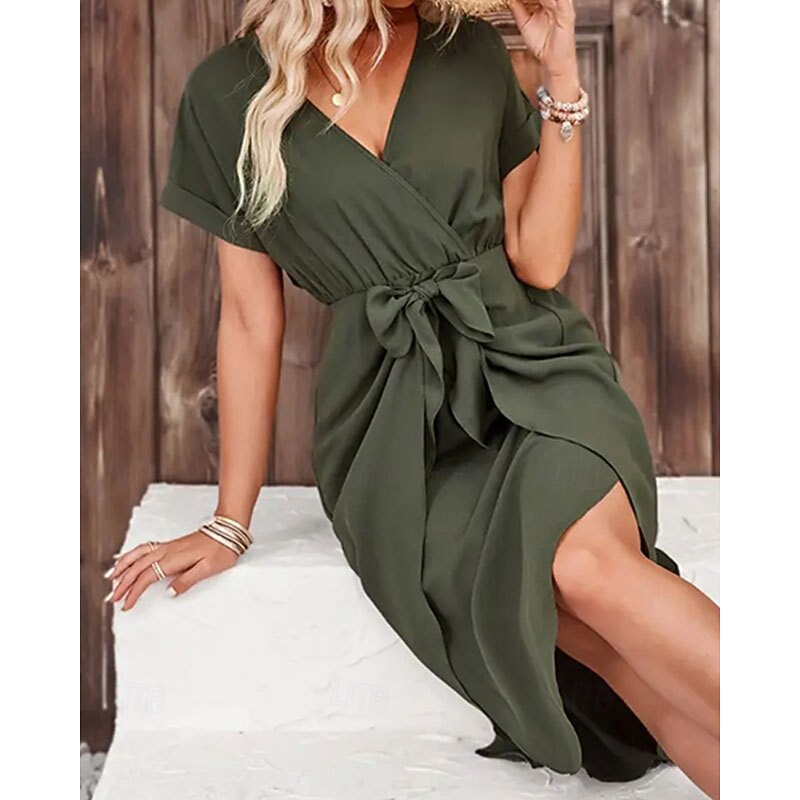 Women's Midi Dress Sheath Dress Modern Outdoor Vacation Holiday Regular Fit Plain Short Sleeve V Neck Army Green Dark Green Fall3