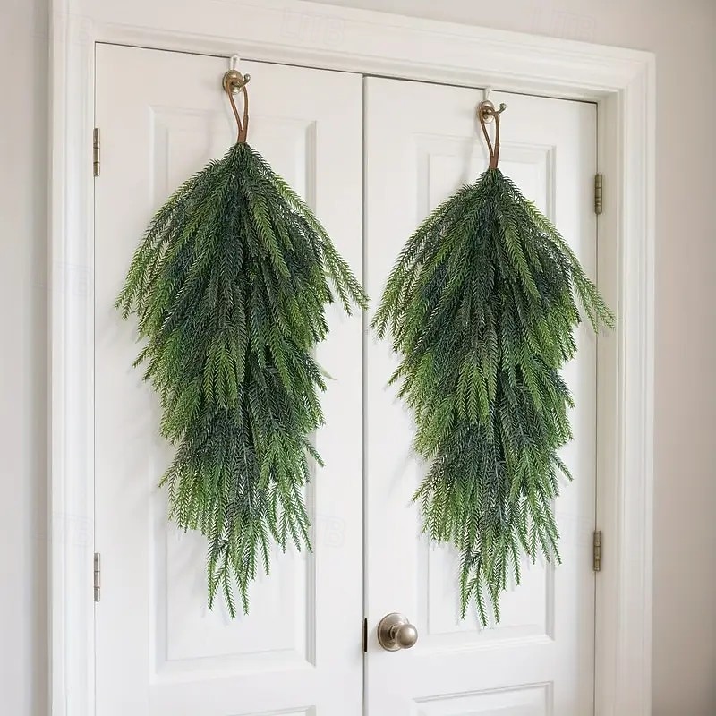 2pcs Christmas Artificial Pine Swags – 26.4-Inch (67cm) Extra Long Realistic Norfolk Green Teardrop Garland for Indoor & Outdoor Holiday Decor – Perfect for Doors, Tables, Fireplaces, and Thanksgiving2