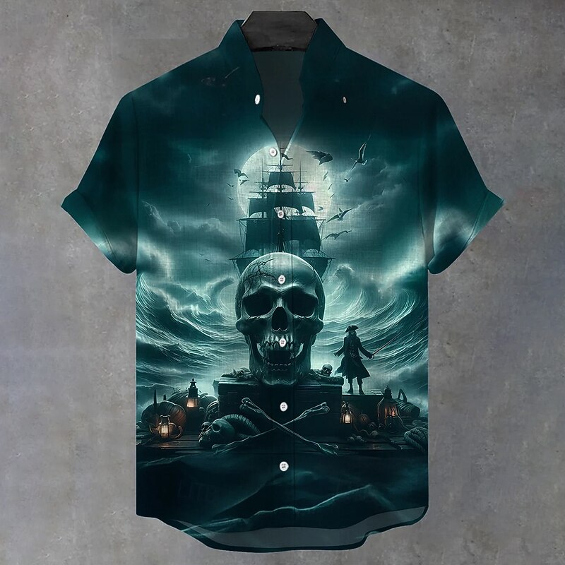 Halloween Men's Sailboat Halloween Costumes Skulls Shirt Button Up Shirt Stand Collar Shirt Short Sleeve Dark Gothic Style Holiday Summer Spring Mandarin Collar 3D Print Linen Like Shirt Black Blue2