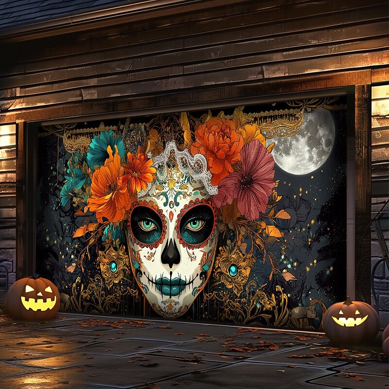 Day of the Dead Garage Door Cover Large Hanging Backdrop Skeleton Marigold Mexico Dark Punk Gothic Style Party Outdoor Shooting Backgrounds Front Door Home Decor2