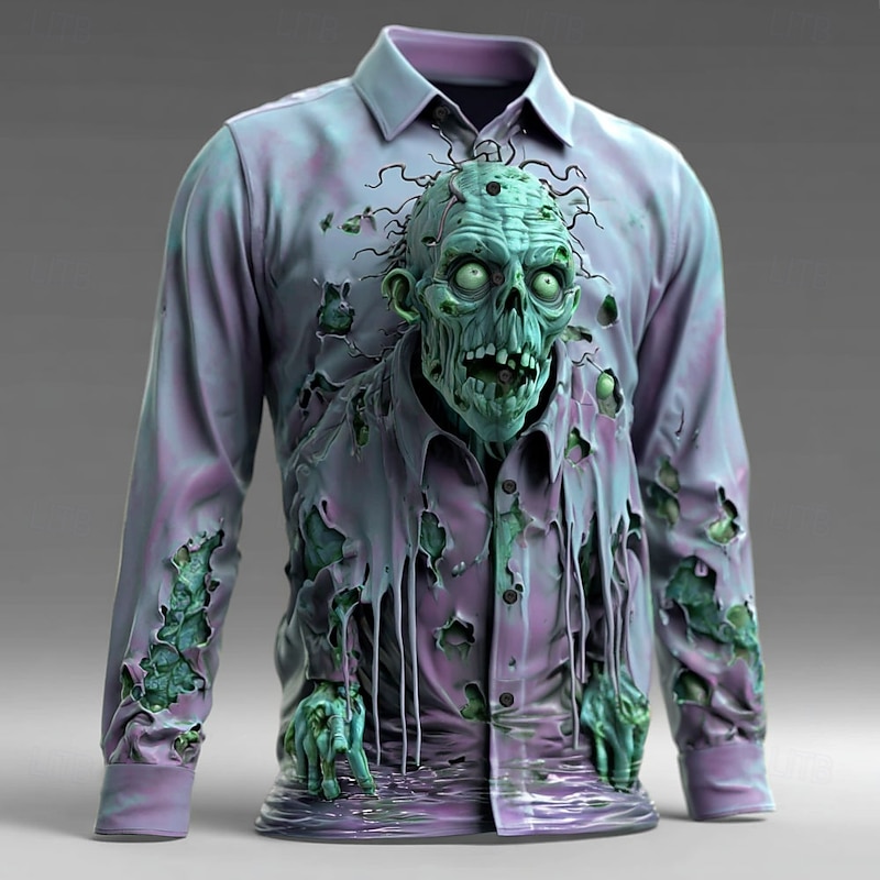 Halloween Men's Optical Illusion Zombies Horror Shirt Button Up Shirt Long Sleeve Dark Punk Gothic Style Outdoor Holiday Summer Spring Turndown 3D Print Collared Shirts Blue Purple Green3
