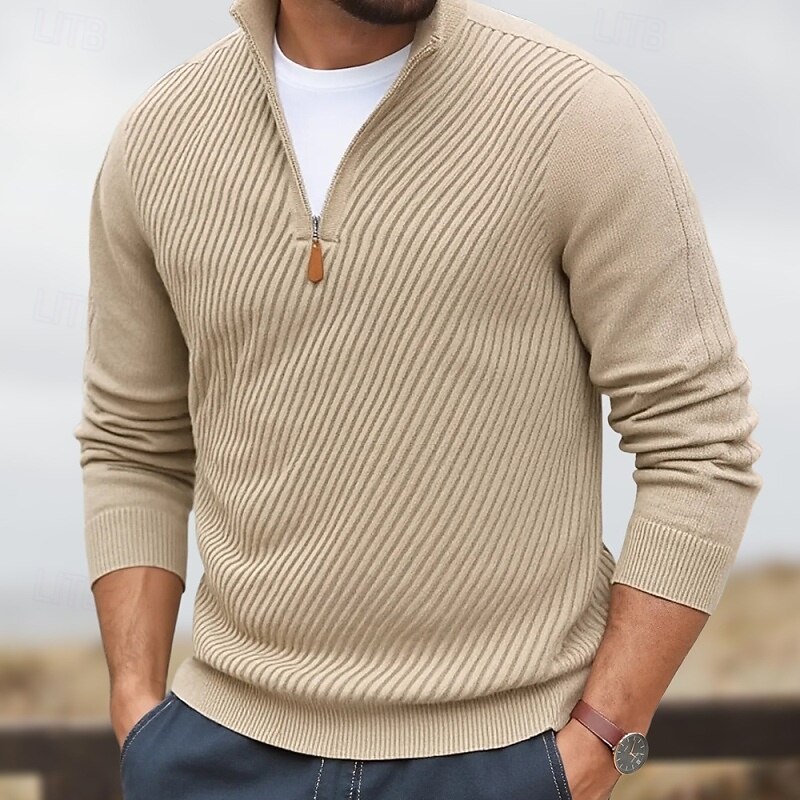 Men's Sweater Pullover Sweater Jumper Quarter Zip Pullover Sweater Ribbed Knit Regular Tops Knitted Slim Fit Plain High Neck Knitwear Contemporary Casual Daily Wear Clothing Apparel Fall Black Khaki