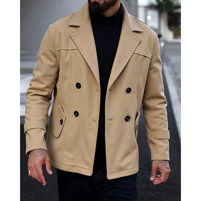 Men's Peacoat Trench Coat Vacation Daily Fall Winter Polyester Thermal Warm Windproof Outerwear Clothing Apparel Fashion Classic Plain Pocket Lapel Double Breasted