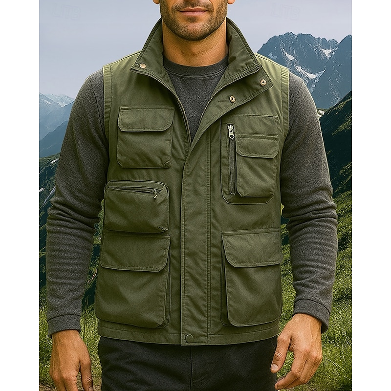 Men's Hiking Vest Fleece Vest Sleeveless Vest Outdoor Thermal Warm Winter Multiple Pockets Nylon Black Army Green Khaki Hunting Fishing Climbing3