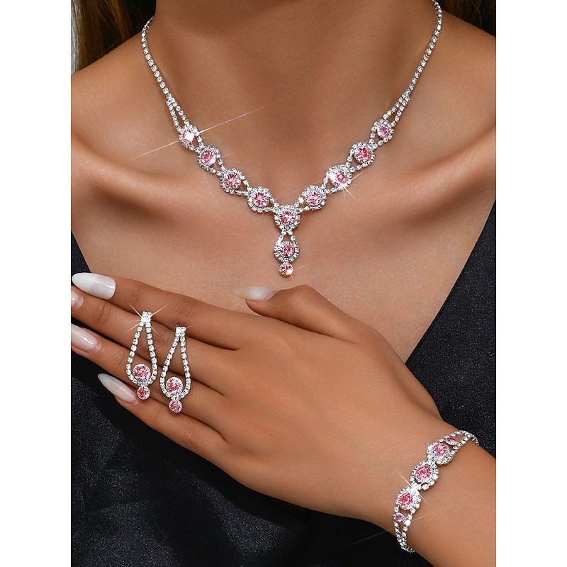 Women's Pink Crystal Jewelry Set - Sparkling Necklace, Bracelet and Earrings with Rhinestone Accents for Elegant Party and Evening Wear