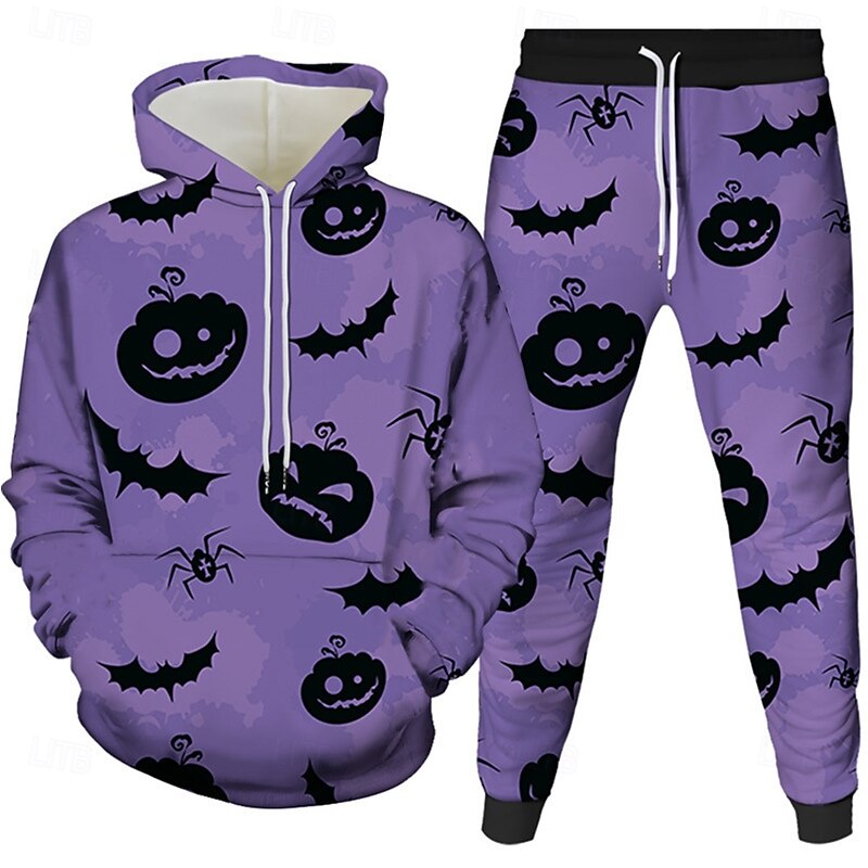 Halloween Men's Cat Ghost Halloween pumpkin 2pcs 3D Sweatshirt Sets Tracksuit Hoodie Sweatshirt Long Sleeve Long pants Hooded Casual Daily Halloween Athleisure Festival Wear 3D Print Spring Fall2