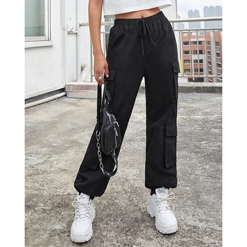 Women's Slacks Parachute Pants Streetwear Casual Ankle-Length Natural Plain Drawstring Elastic Waist Comfortable Street Holiday Daily Wear Black Green Khaki Fall Regular Fit2