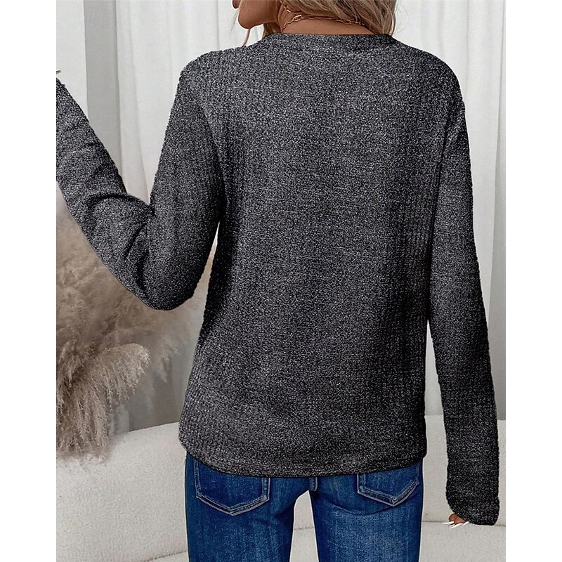 Women's Sweater Pullover Fashion Solid Color Ribbed V Neck Knitted Long Sleeve Regular Tops Knit Holiday Going out Weekend Gray Fall3
